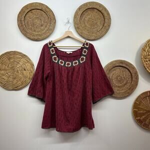 Buckle ODDI Maroon Wide Sleeve Boho Crochet Granny Square Knit Top Large